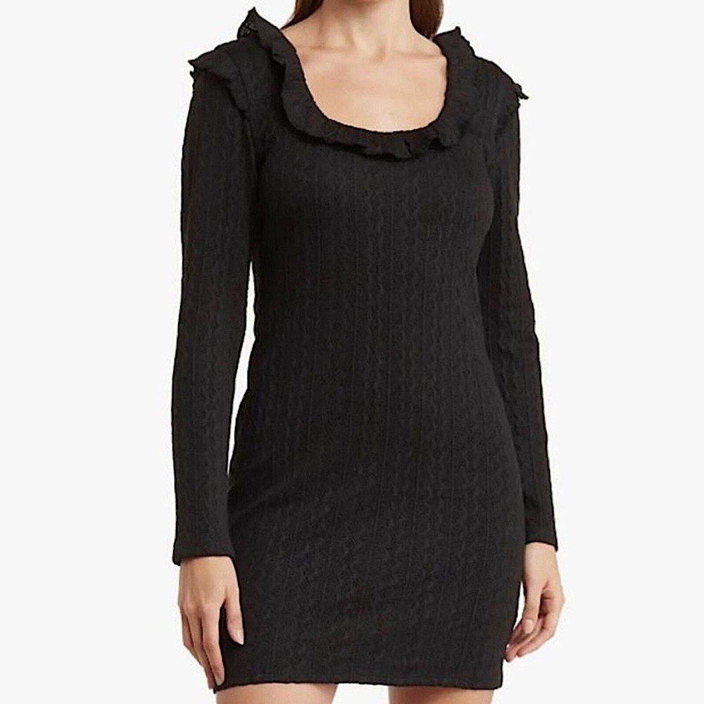 19 Cooper Black Cable Knit Sweater Ruffle Neck Sweater Long Sleeve Mini Dress L